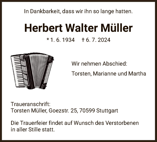Traueranzeige von Herbert Walter Müller von HNA