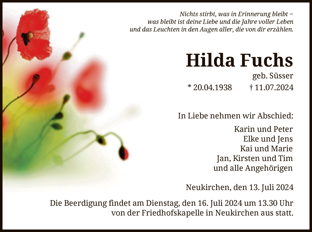  Traueranzeige für Hilda Fuchs vom 13.07.2024 aus HNA