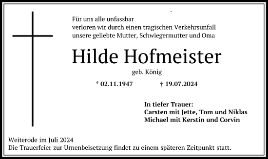 Traueranzeige von Hilde Hofmeister von HNA