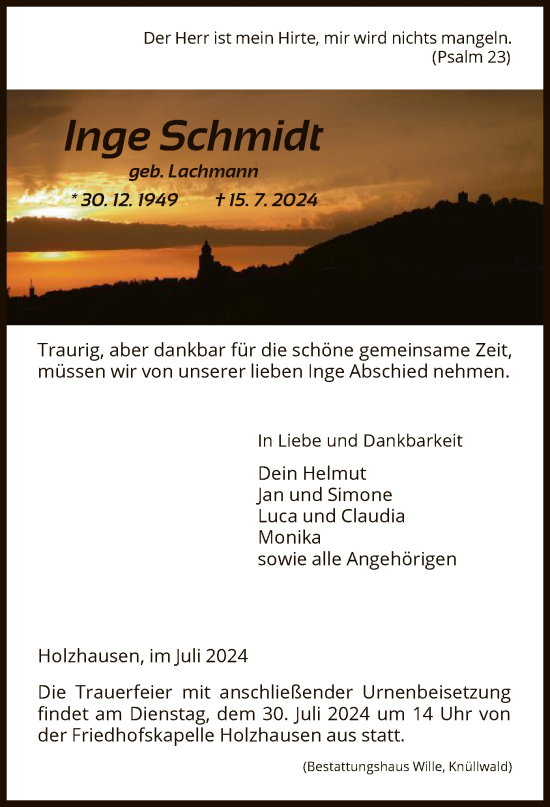 Traueranzeige von Inge Schmidt von HNA