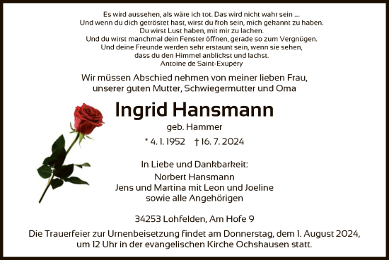 Traueranzeige von Ingrid Hansmann von HNA