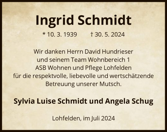 Traueranzeige von Ingrid Schmidt von HNA