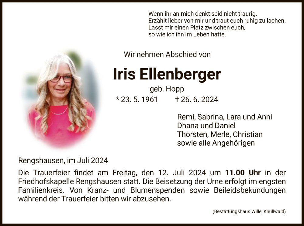  Traueranzeige für Iris Ellenberger vom 09.07.2024 aus HNA