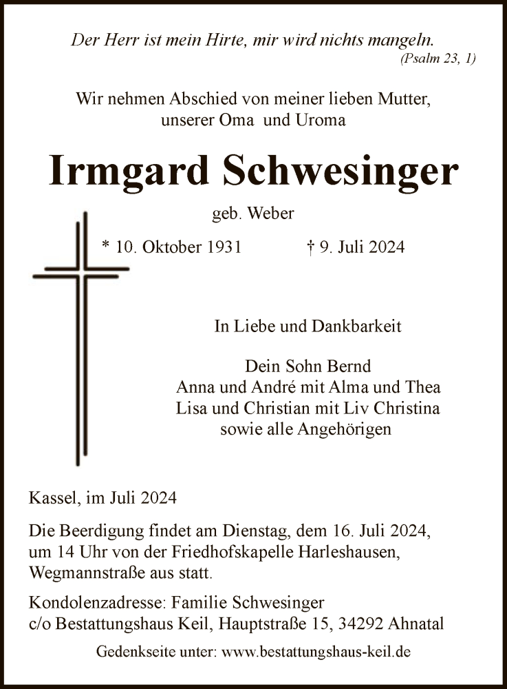  Traueranzeige für Irmgard Schwesinger vom 12.07.2024 aus HNA