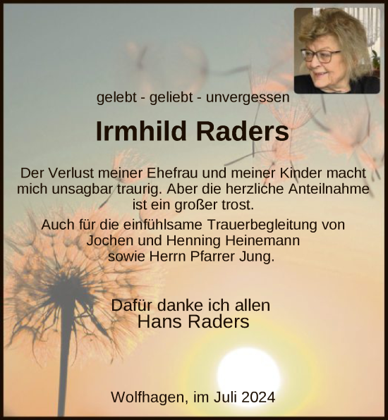Traueranzeige von Irmhild Raders von HNA