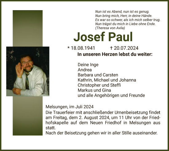 Traueranzeige von Josef Paul von HNA