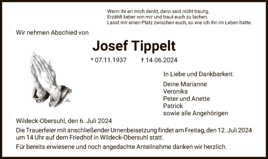 Traueranzeige von Josef Tippelt von HNA