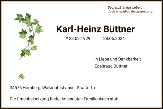 Traueranzeige von Karl-Heinz Büttner von HNA