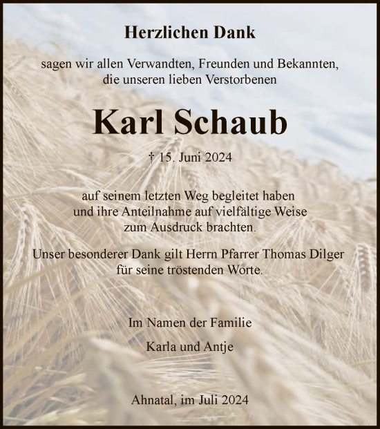 Traueranzeige von Karl Schaub von HNA