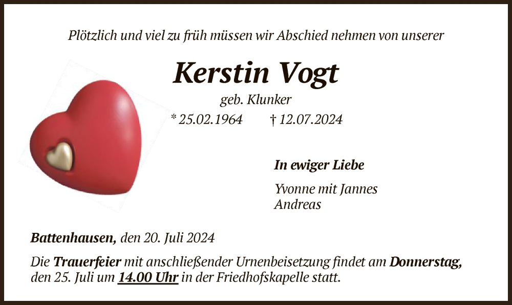  Traueranzeige für Kerstin Vogt vom 20.07.2024 aus HNA