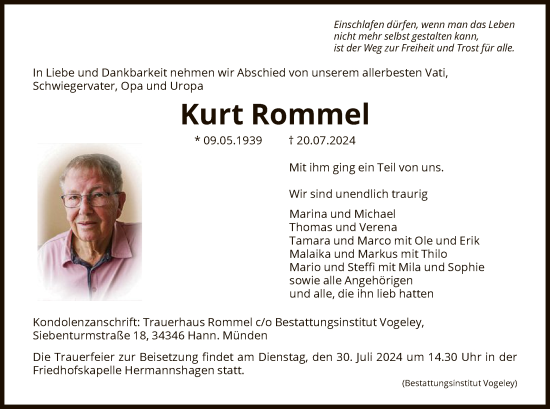 Traueranzeige von Kurt Rommel von HNA