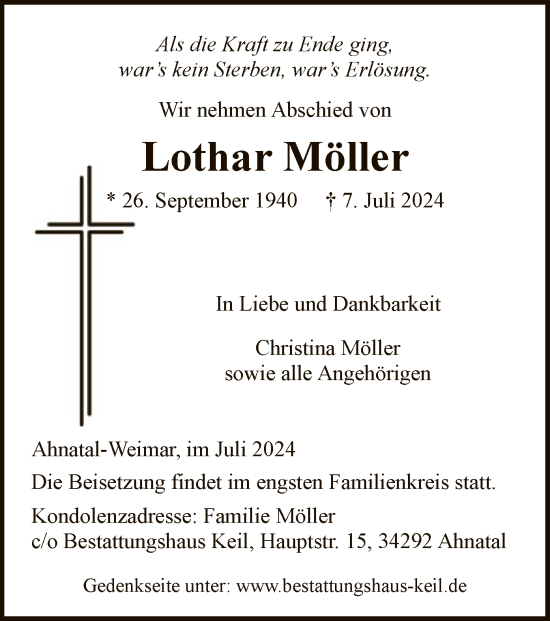 Traueranzeige von Lothar Möller von HNA