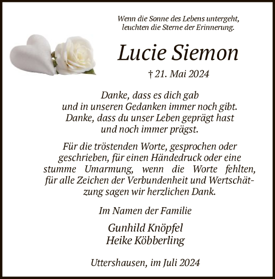 Traueranzeige von Lucie Siemon von HNA