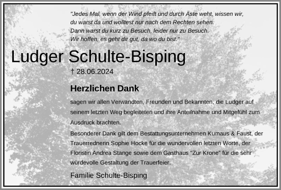 Traueranzeige von Ludger Schulte-Bisping von HNA