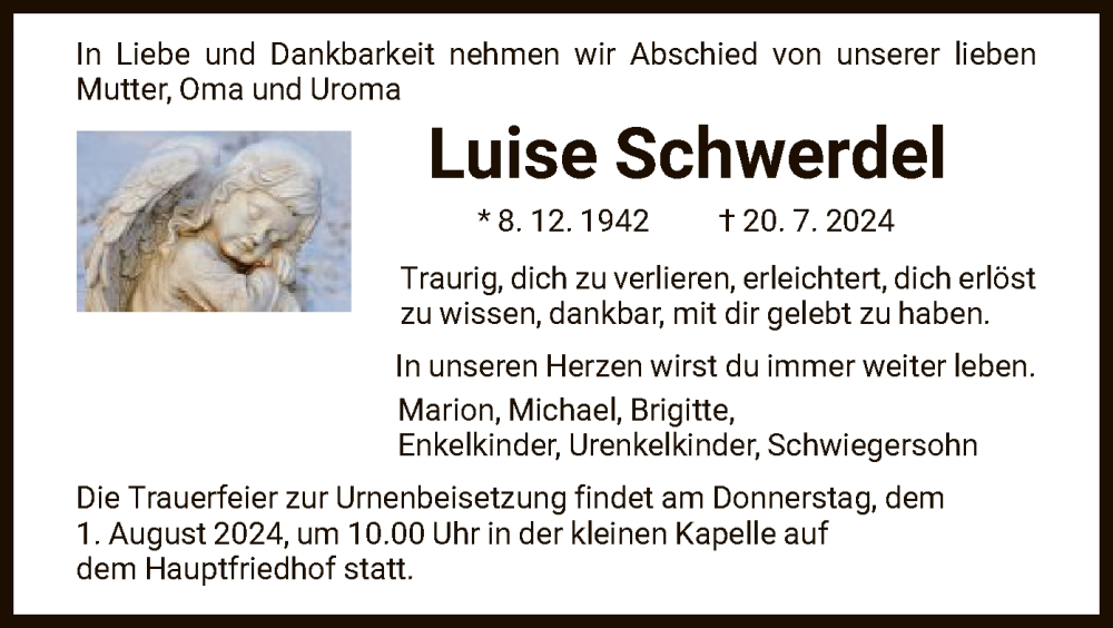  Traueranzeige für Luise Schwerdel vom 31.07.2024 aus HNA