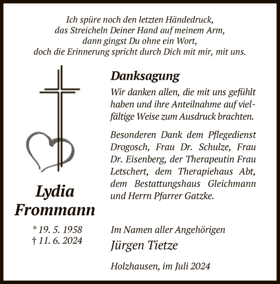 Traueranzeige von Lydia Frommann von HNA