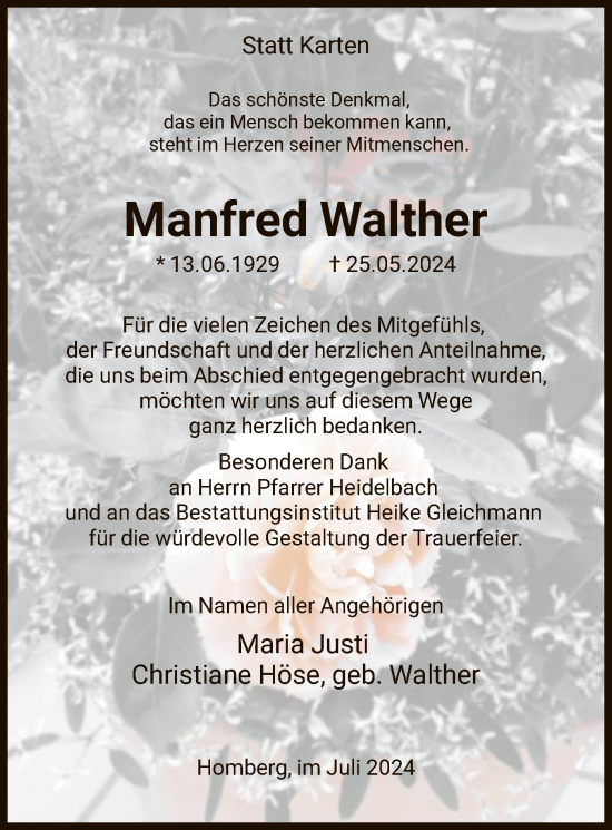 Traueranzeige von Manfred Walther von HNA