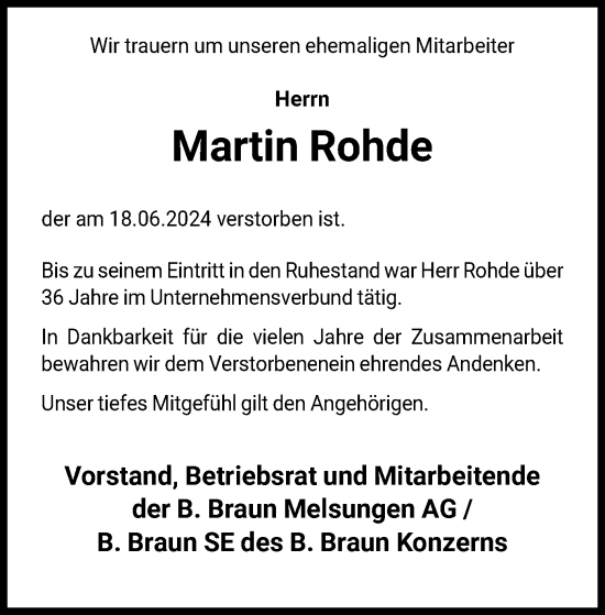 Traueranzeige von Martin Rohde von HNA