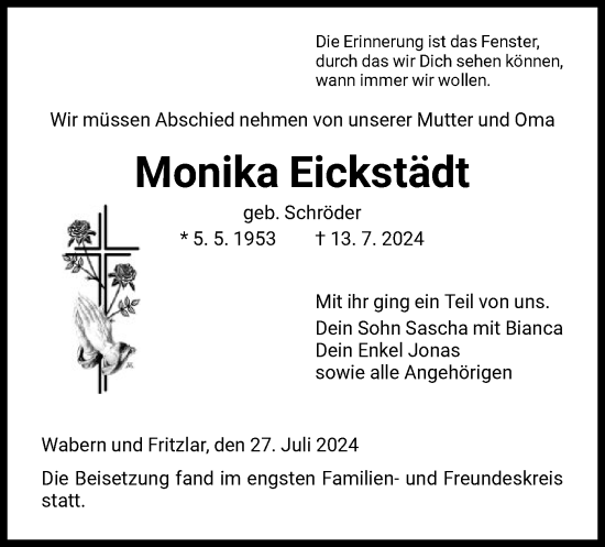 Traueranzeige von Monika Eickstädt von HNA