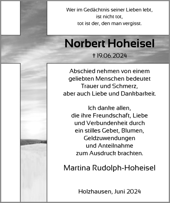 Traueranzeige von Norbert Hoheisel von HNAHNA