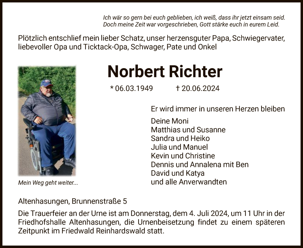  Traueranzeige für Norbert Richter vom 02.07.2024 aus HNA