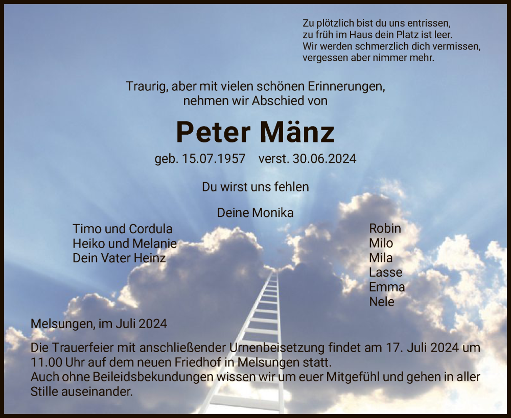  Traueranzeige für Peter Mänz vom 13.07.2024 aus HNA