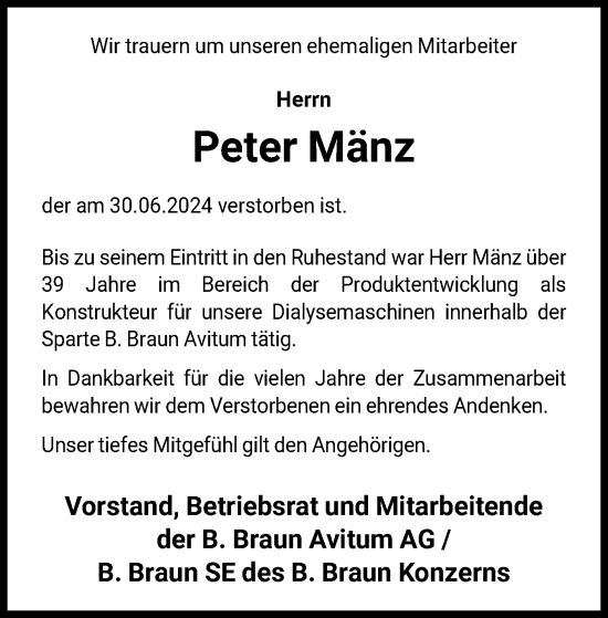 Traueranzeige von Peter Mänz von HNA