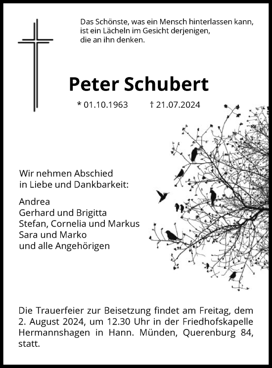 Traueranzeige von Peter Schubert von HNAHNA