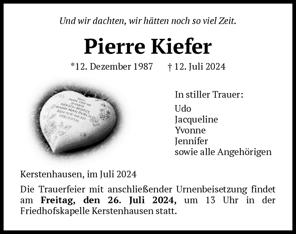  Traueranzeige für Pierre Kiefer vom 25.07.2024 aus HNA