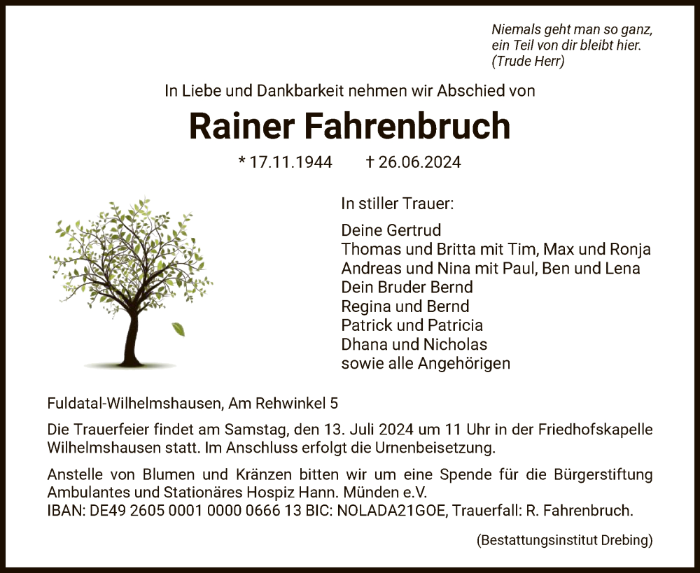  Traueranzeige für Rainer Fahrenbruch vom 06.07.2024 aus HNAHNA