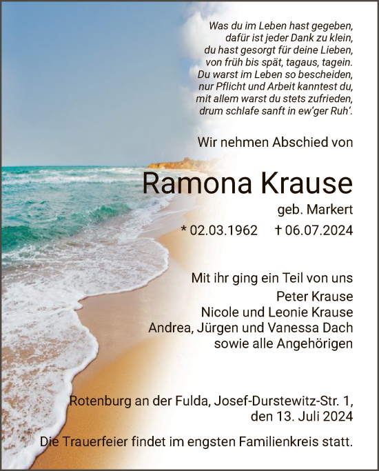 Traueranzeige von Ramona Krause von HNA