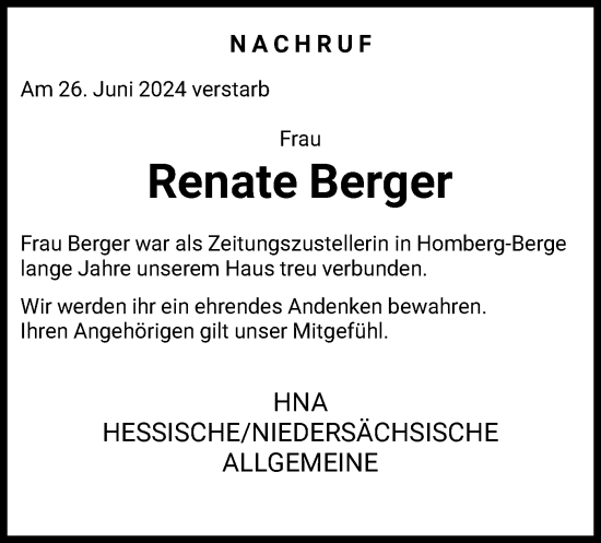 Traueranzeige von Renate Berger von HNA