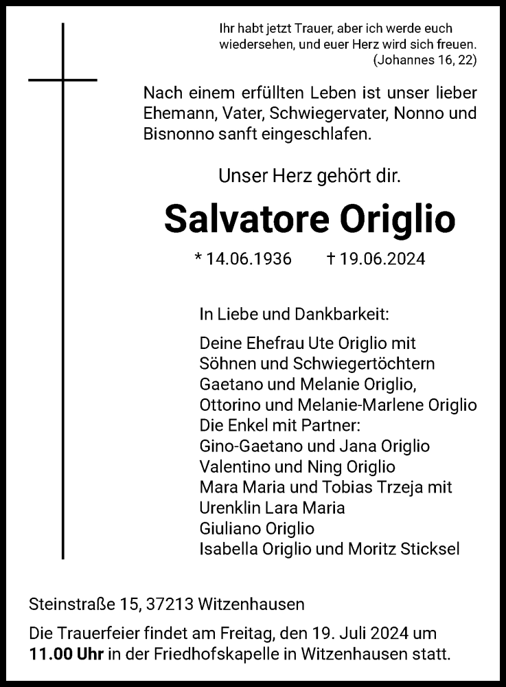  Traueranzeige für Salvatore Origlio vom 13.07.2024 aus HNA