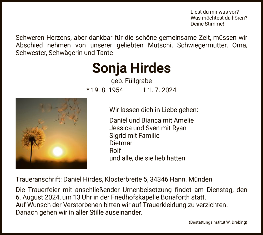  Traueranzeige für Sonja Hirdes vom 27.07.2024 aus HNA