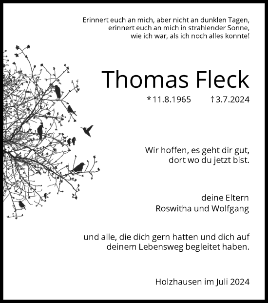 Traueranzeige von Thomas Fleck von HNAHNA