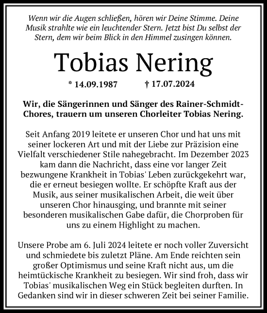 Traueranzeige von Tobias Nering von HNA