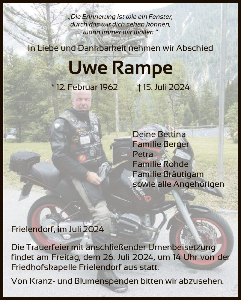  Traueranzeige für Uwe Rampe vom 20.07.2024 aus HNAHNA