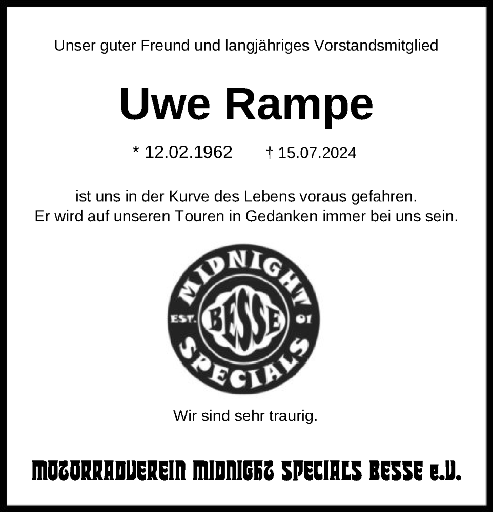  Traueranzeige für Uwe Rampe vom 20.07.2024 aus HNAHNA