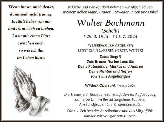 Traueranzeige von Walter Bachmann von HNAHNA