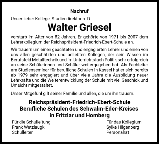 Traueranzeige von Walter Griesel von HNA