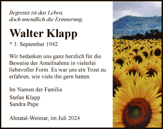 Traueranzeige von Walter Klapp von HNA