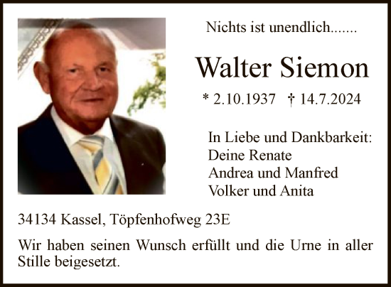 Traueranzeige von Walter Siemon von HNA