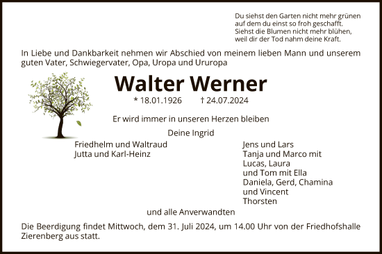 Traueranzeige von Walter Werner von HNA