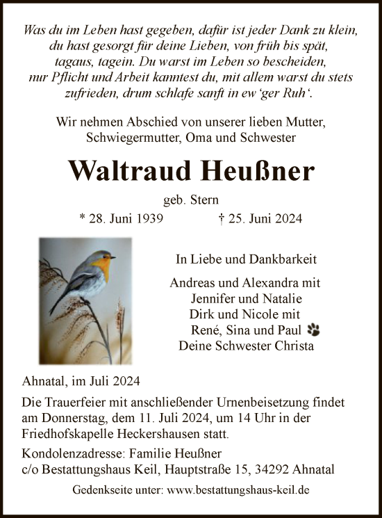 Traueranzeige von Waltraud Heußner von HNA