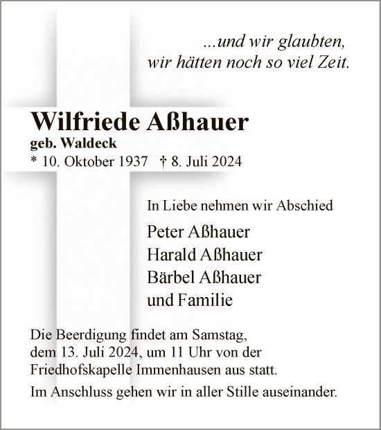 Traueranzeige von Wilfriede Aßhauer von HNA