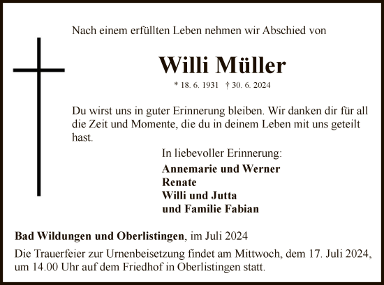 Traueranzeige von Willi Müller von HNA