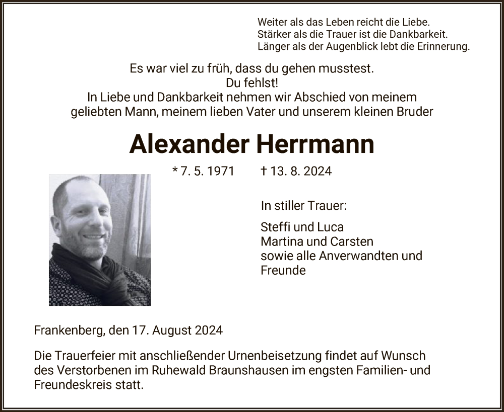  Traueranzeige für Alexander Herrmann vom 17.08.2024 aus HNA