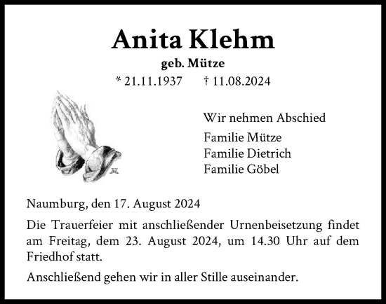 Traueranzeige von Anita Klehm von HNA