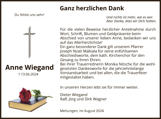 Traueranzeige von Anne Wiegand von HNA