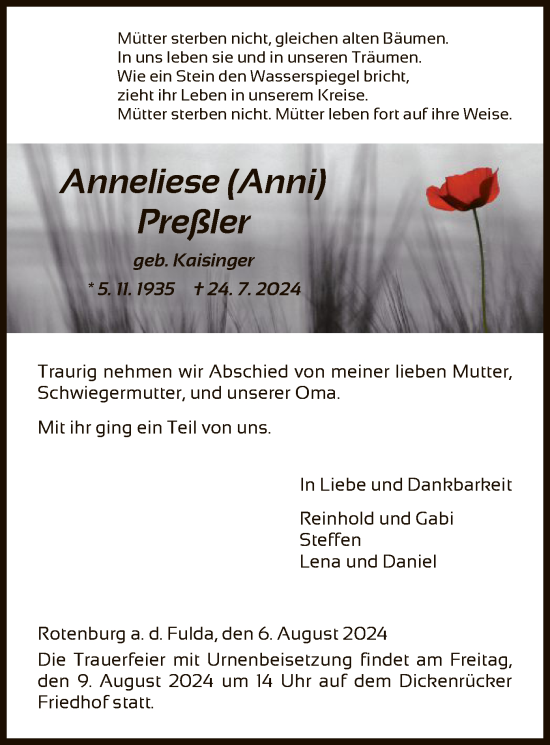 Traueranzeige von Anneliese Preßler von HNA